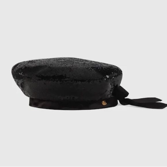 Rare Gucci Sequin Satin Bow Black Beret Cap main image 8